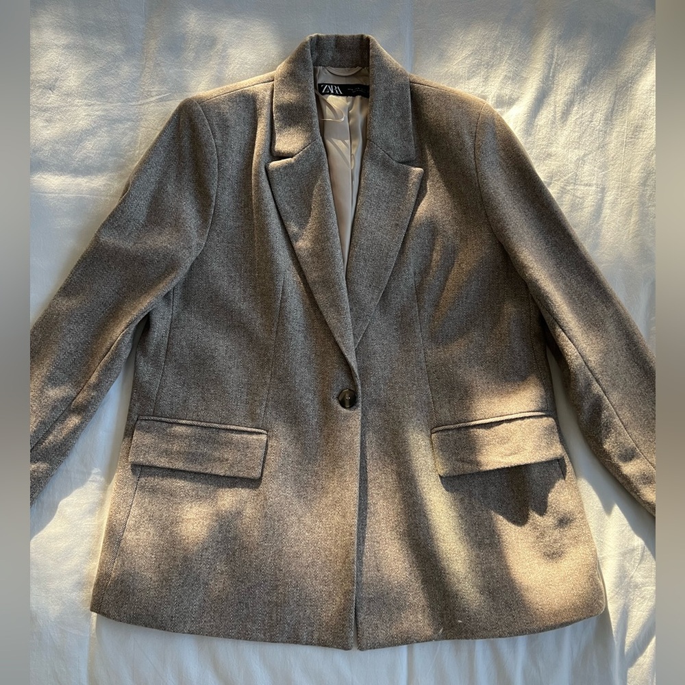Zara Women’s Taupe Wool-Blend Single-Button Blazer